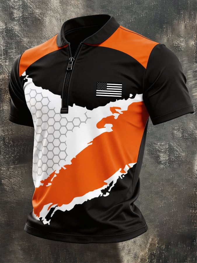Men's Retro Color-Block Zip-Up T-Shirt