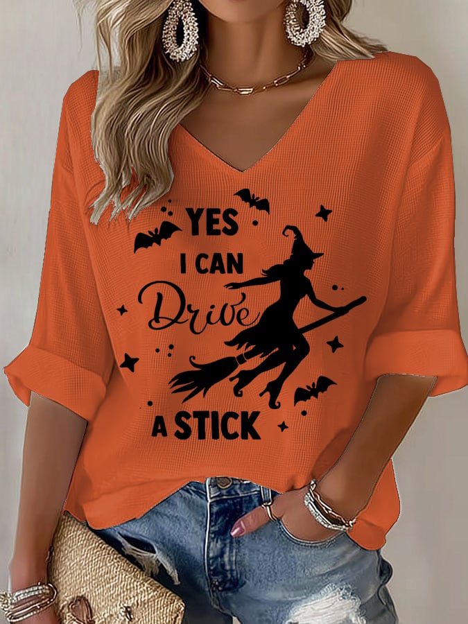 Women's Yes I Can Drive A Stick Print V Neck T-shirt