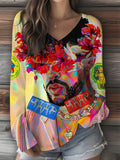 Women's Puerto Rican singer Rain Frog Print V-Neck Top