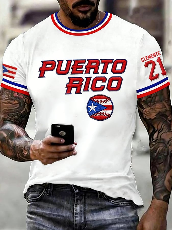 Men's Puerto Rico Baseball Print Casual T-shirt