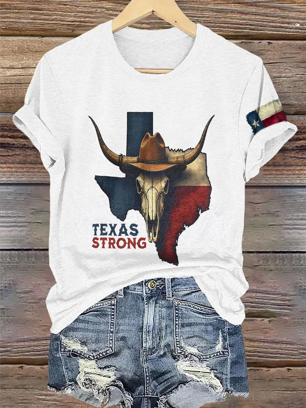 Retro Texas Strong Cow Skull Texas State Flag Print T-Shirt