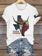 Retro Texas Strong Cow Skull Texas State Flag Print T-Shirt