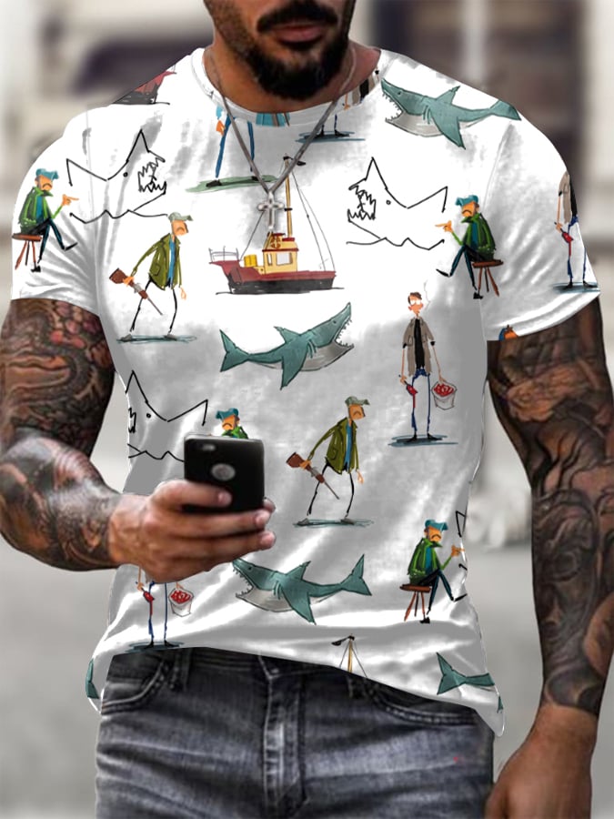 Men's Shark Art Print Round Neck T-shirt