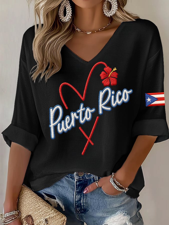 Women's Puerto Rico  Print Casual Waffle Fabric T-Shirt