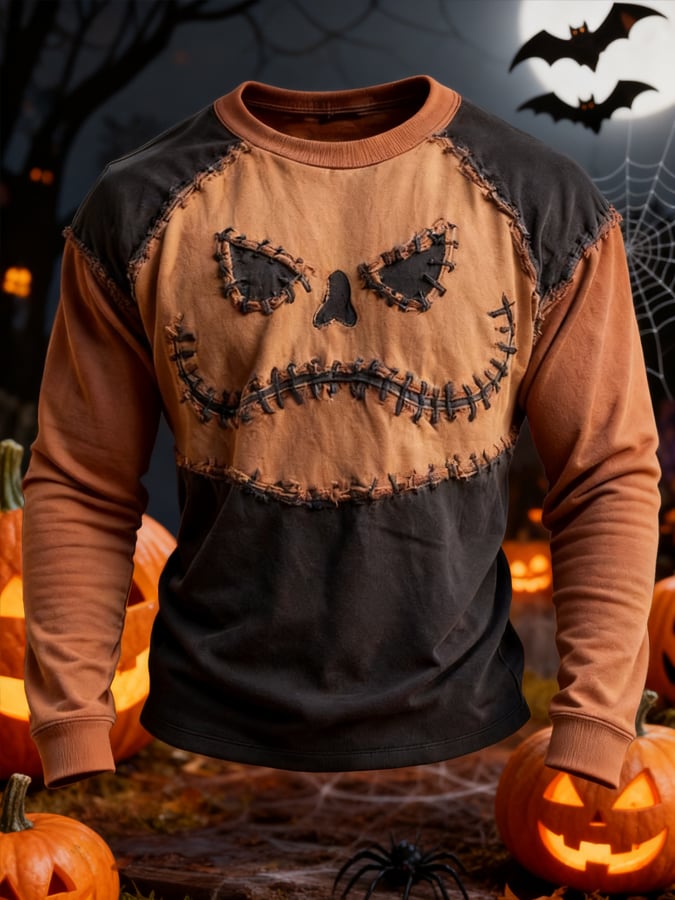 Men's Retro Color-Block Halloween Print Crew-Neck Long-Sleeve Sweatshirt