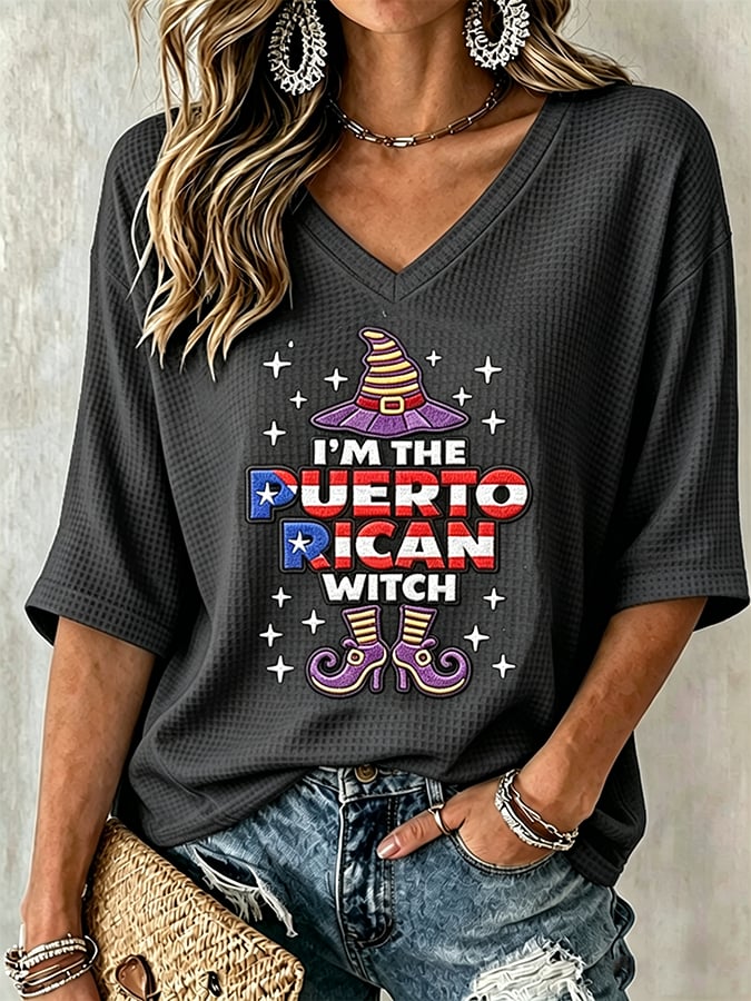 Women's Halloween In Puerto Rico Print Waffle-Knit Top