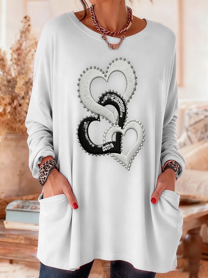 Women's Casual Retro Heart-shaped Pocket Long-sleeved T-shirt