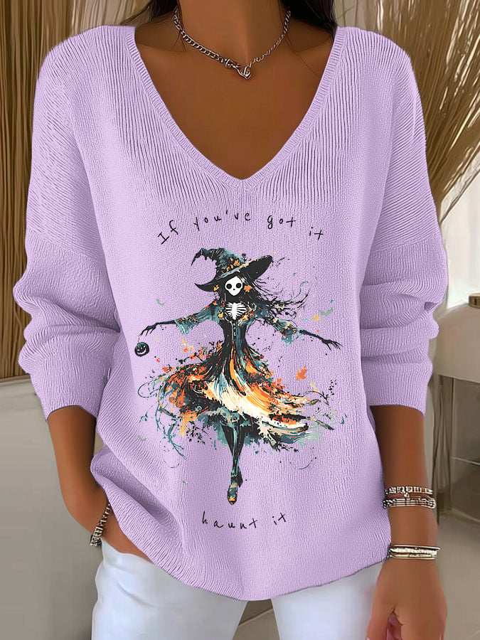 Women's Halloween Print V-Neck Sweater