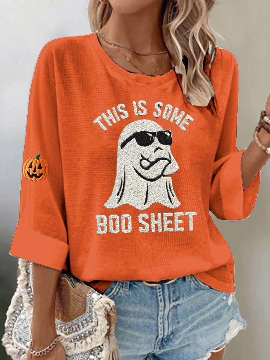 Women's casual Halloween ghost waffle embroidered T-shirt