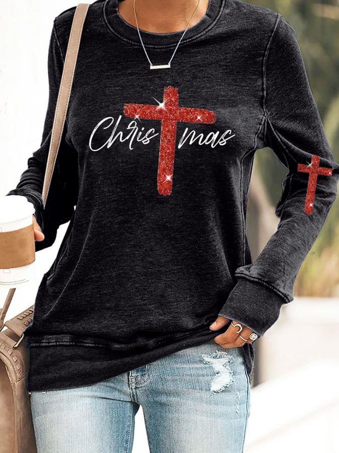 Retro Christmas Faith Cross Print Sweatshirt