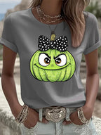 Women's Halloween Pumpkin Face Print Crew Neck T-shirt