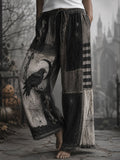 Women's Halloween Dark Patchwork Art Pattern Comfortable Cotton Linen Wide-Leg Pants