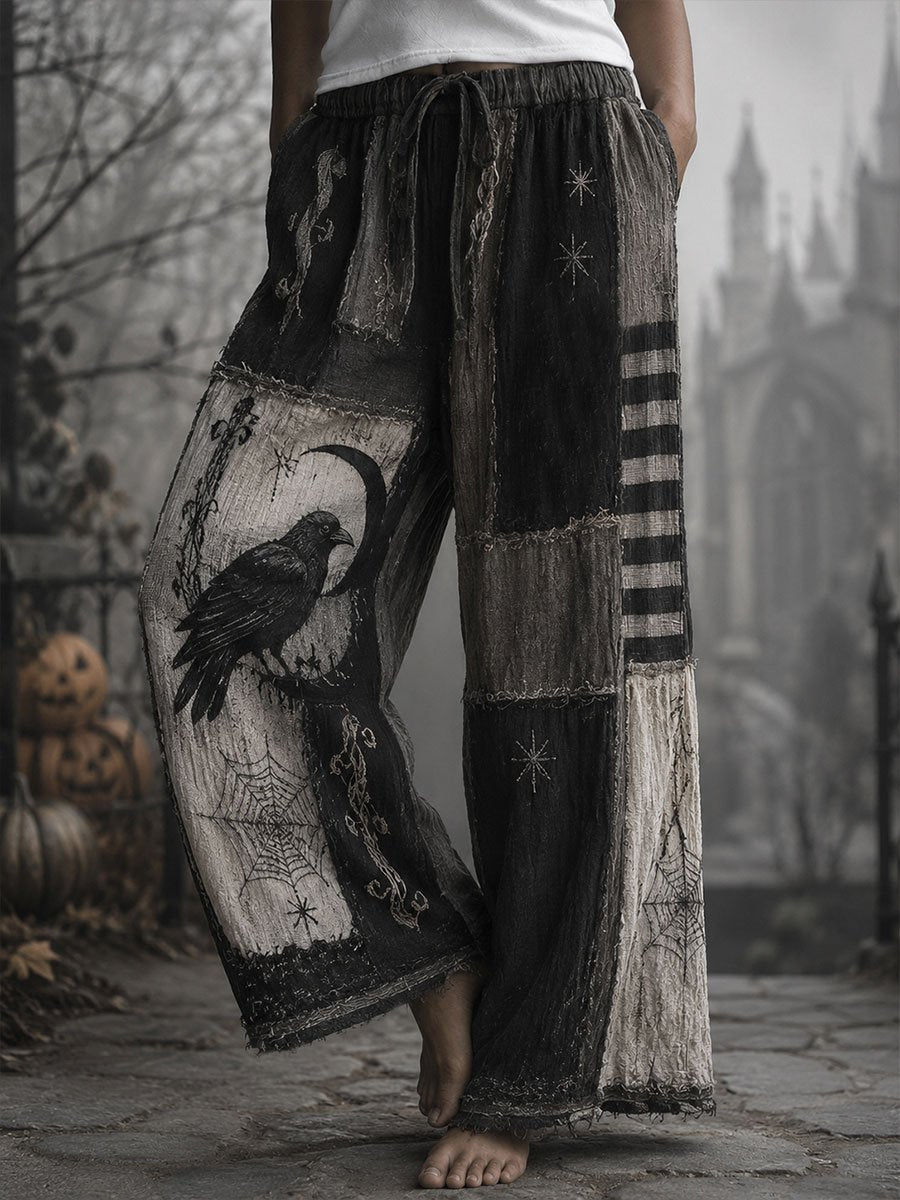 Women's Halloween Dark Patchwork Art Pattern Comfortable Cotton Linen Wide-Leg Pants