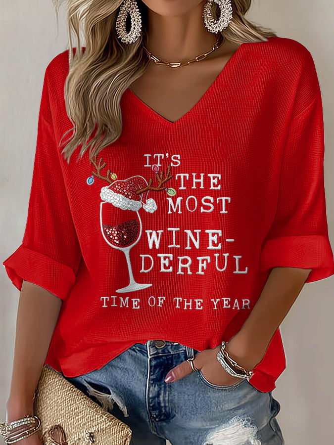 Women's Casual It's The Most Wine-Derful Time Of The Year Waffle T-Shirt