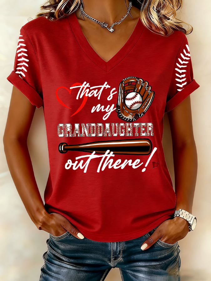 Women's That’s My Granddaughter Out There Baseball Print V Neck T-shirt