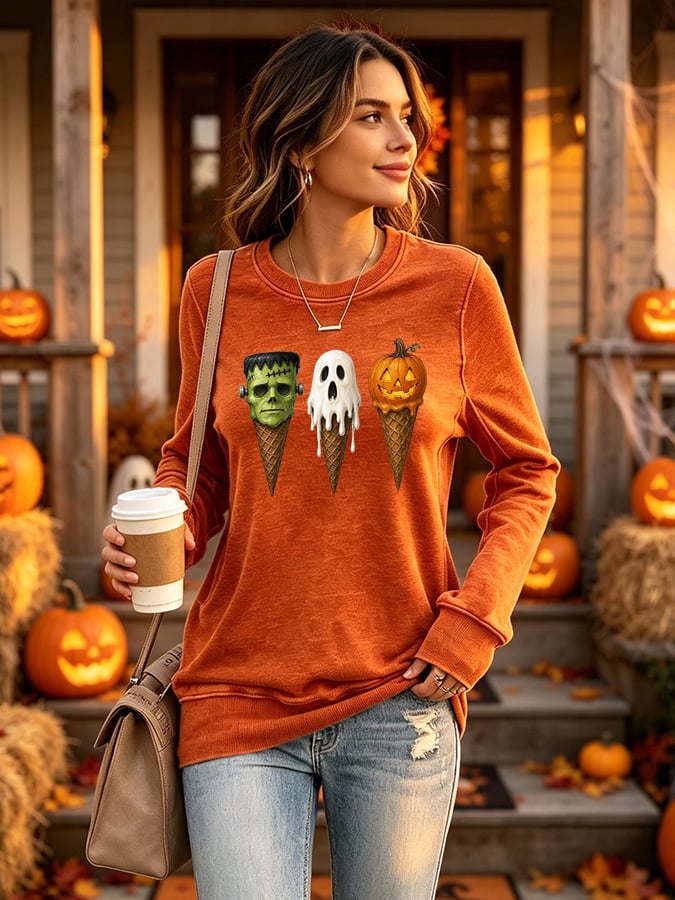 Retro Halloween Spooky Ice Cream  Pumpkin Ghost Print Sweatshirt