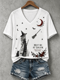 Women's Halloween Meet Me At Salem Print V Neck T-Shirt