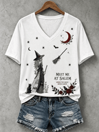 Women's Halloween Meet Me At Salem Print V Neck T-Shirt