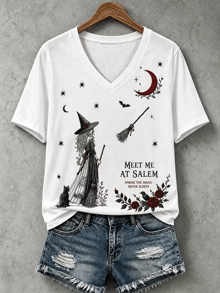 Women's Halloween Meet Me At Salem Print V Neck T-Shirt