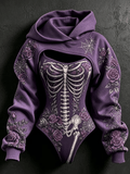 Women's Vintage Halloween Bone-Print Hooded Jumpsuit