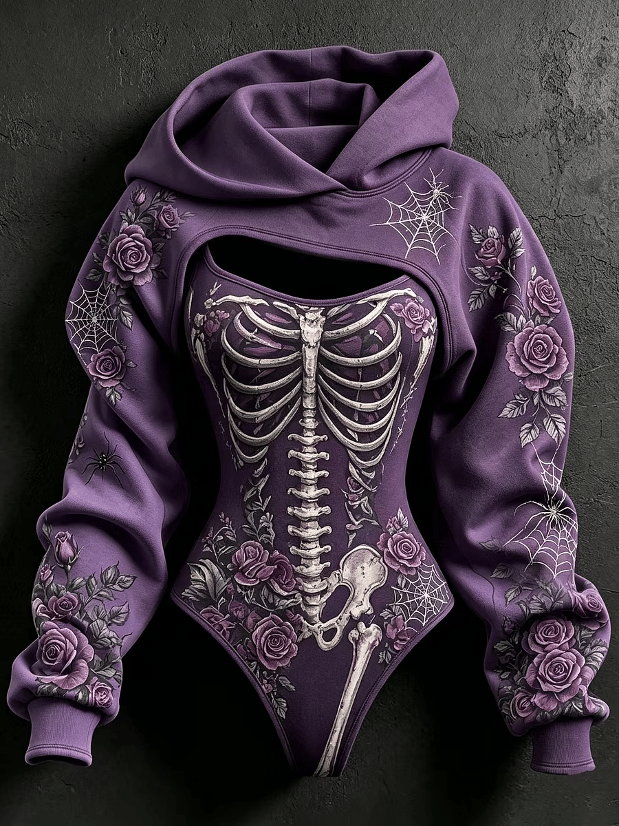Women's Vintage Halloween Bone-Print Hooded Jumpsuit