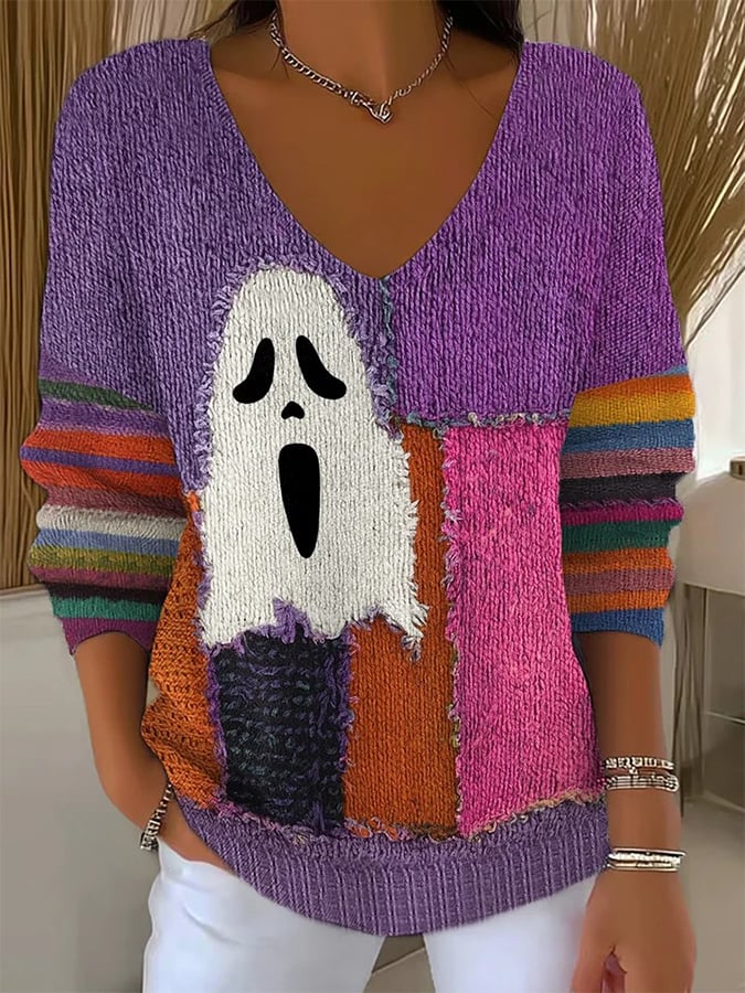 Women's Halloween Print V Neck Sweater