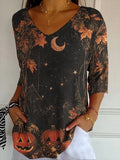 Women'S Autumn Halloween Harvest Pumpkin Maple Leaves Pattern Print V-Neck T-Shirt