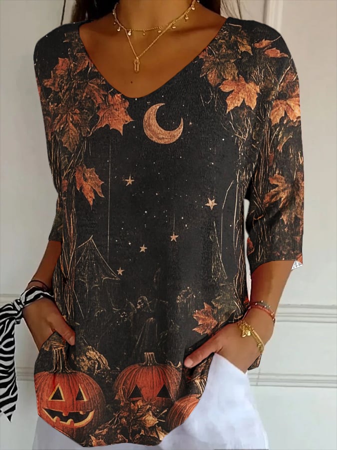 Women'S Autumn Halloween Harvest Pumpkin Maple Leaves Pattern Print V-Neck T-Shirt