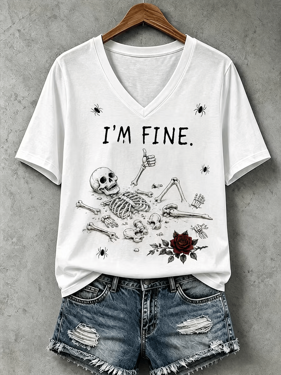 Women's Halloween I'm Fine Print V Neck T-Shirt