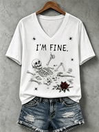 Women's Halloween I'm Fine Print V Neck T-Shirt