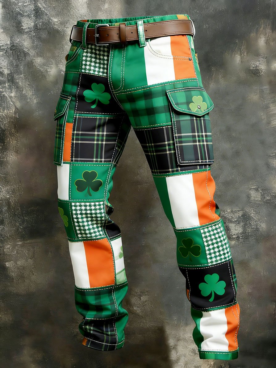 Men's Retro St. Patrick's Shamrock Print Multi-Pocket Cargo Pants