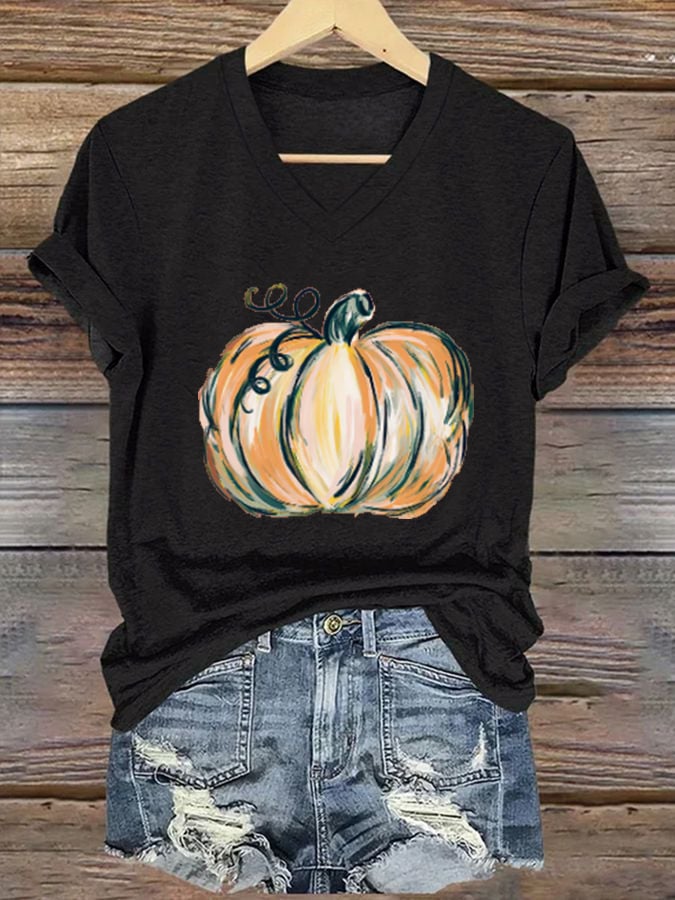 Women's Autumn Hand-Painted Pumpkin Casual Print T-Shirt