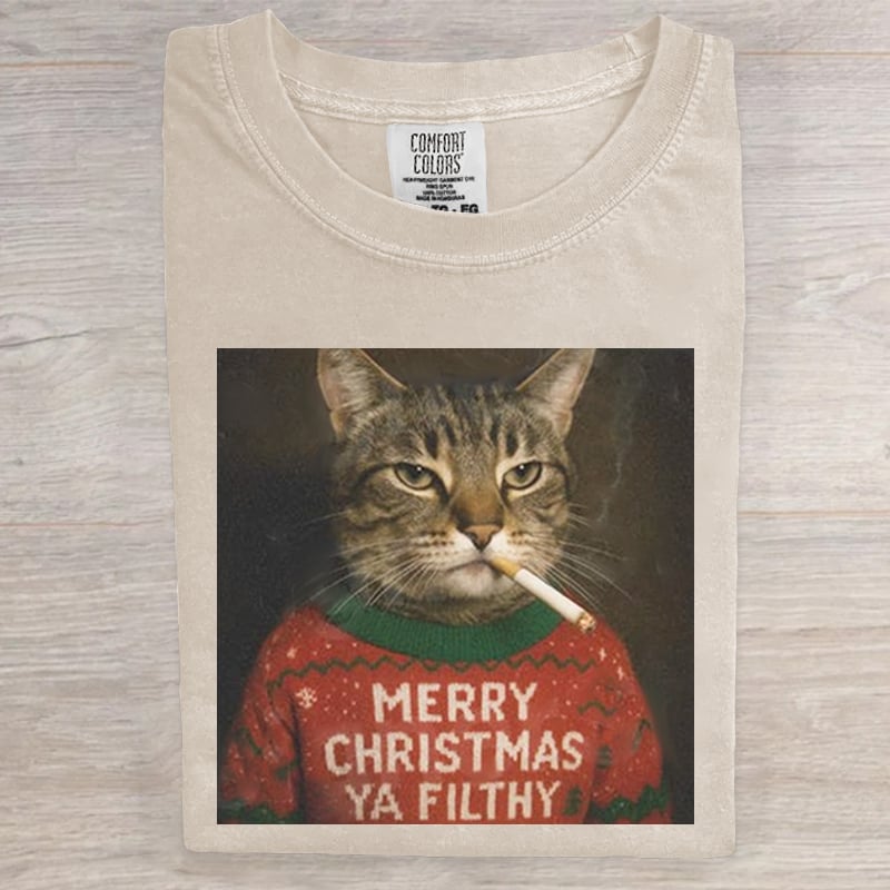 Funny Smoking Cat Christmas Art Print T-Shirt