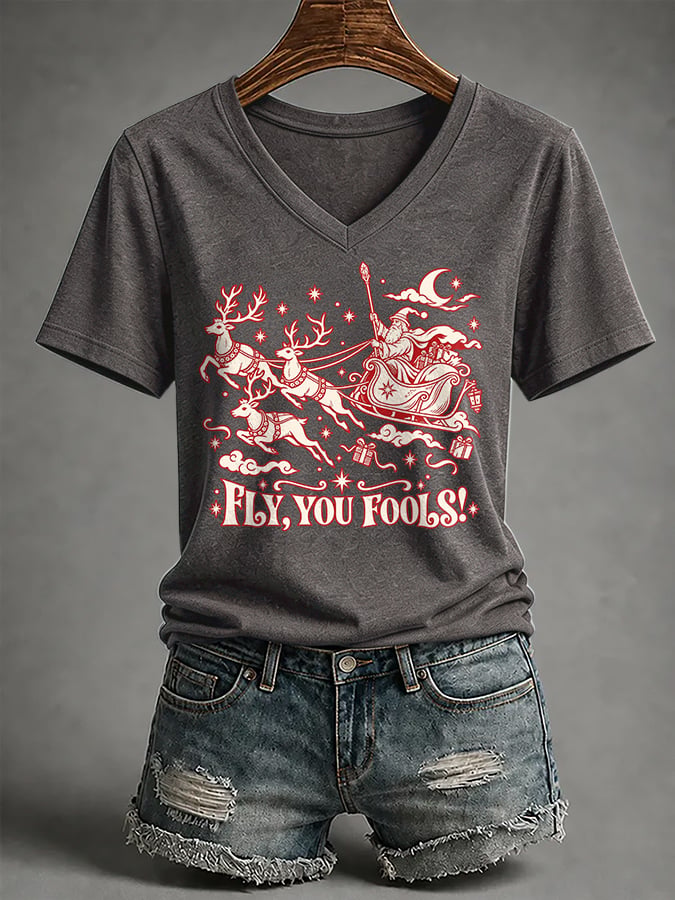 🔥🔥2nd 50% Off 🔥🔥V-Neck Retro Funny Christmas Fly You Fools Reindeer Holiday Season Print T-Shirt