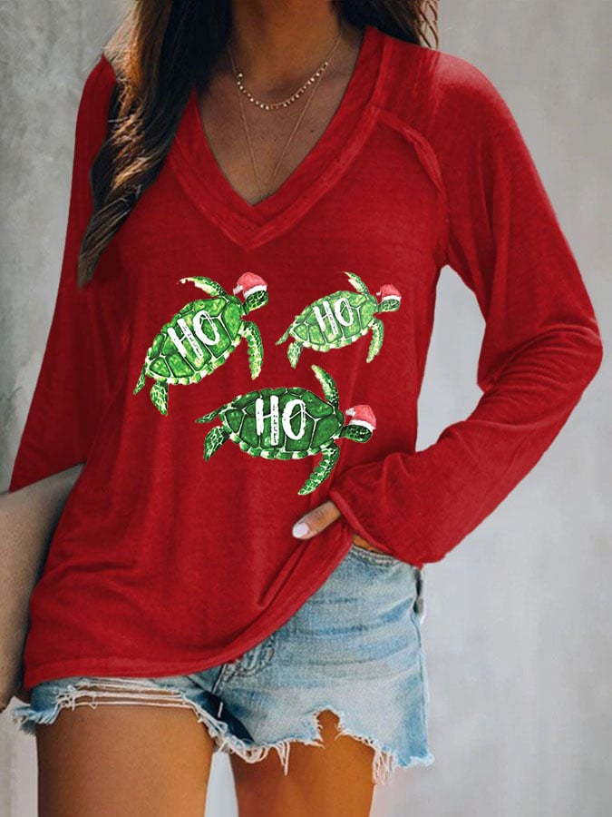 Women's Casual Hawaiian Turtle Christmas Print Long Sleeve T-Shirt