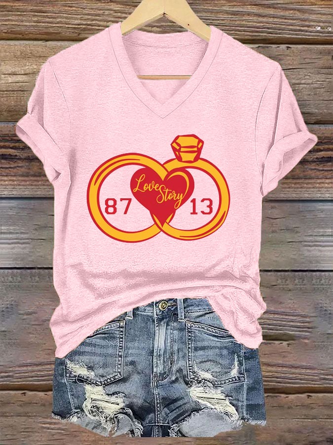 Women's Love Story print V-neck T-shirt