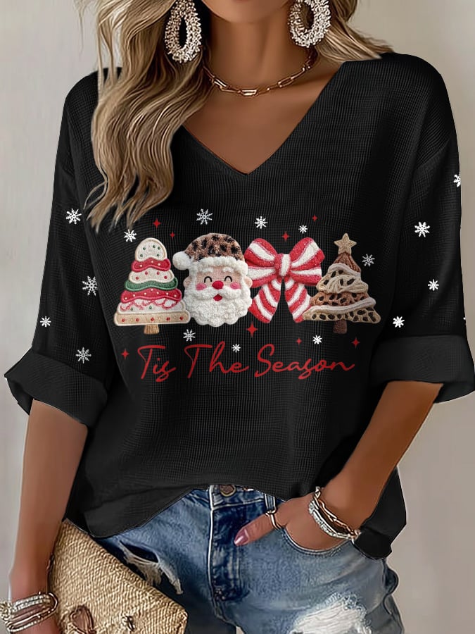 Women's casual Christmas season waffle T-shirt