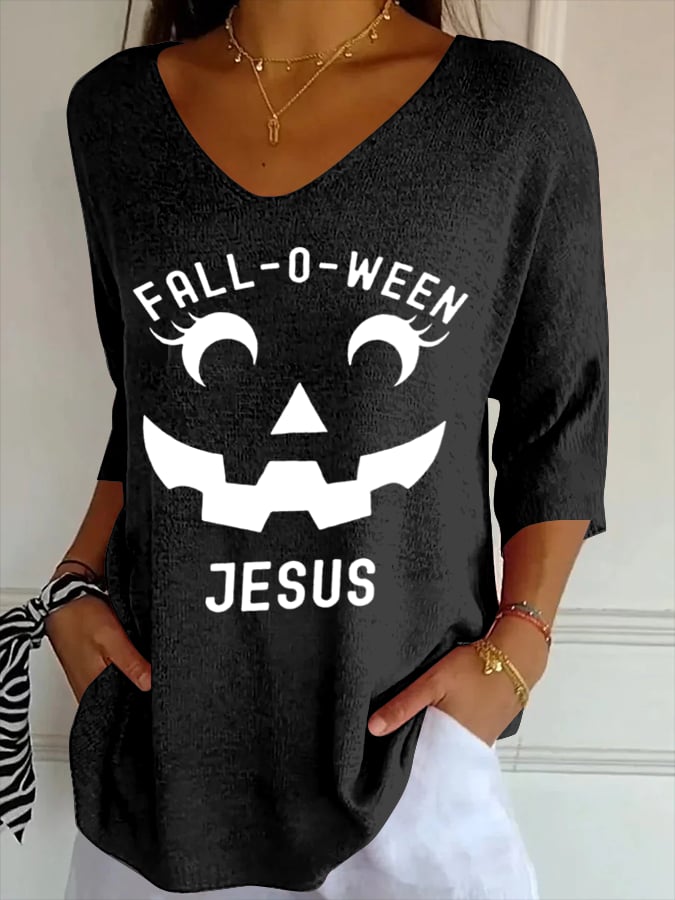 Women's Halloween Pumpkin Face FALL-O-WEEN JESUS Print T-Shirt