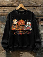 Retro Happy Hallothanksmas Halloween Thanksgiving Christmas Print Sweatshirt