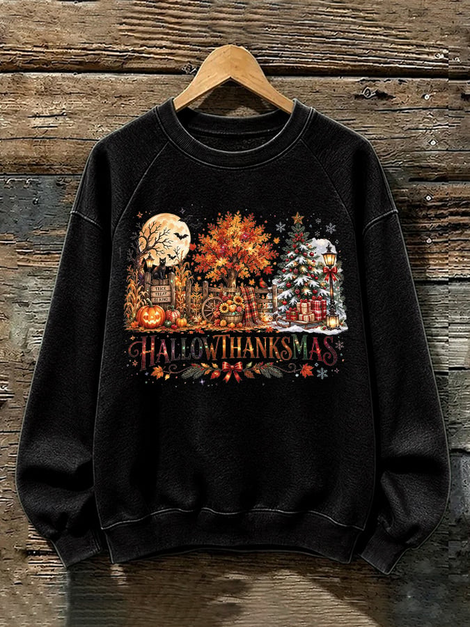 Retro Happy Hallothanksmas Halloween Thanksgiving Christmas Print Sweatshirt