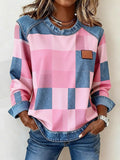Women'S Casual Round Neck Denim Patchwork Pullover Sweatshirt