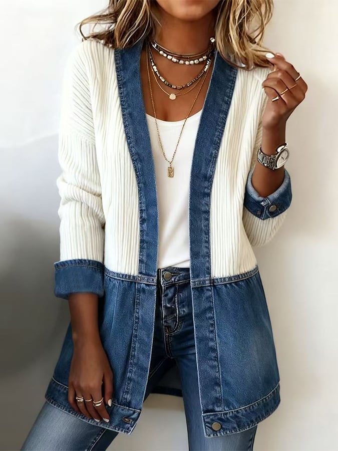 Women'S Casual V-Neck Contrast Color Stitching Jacket