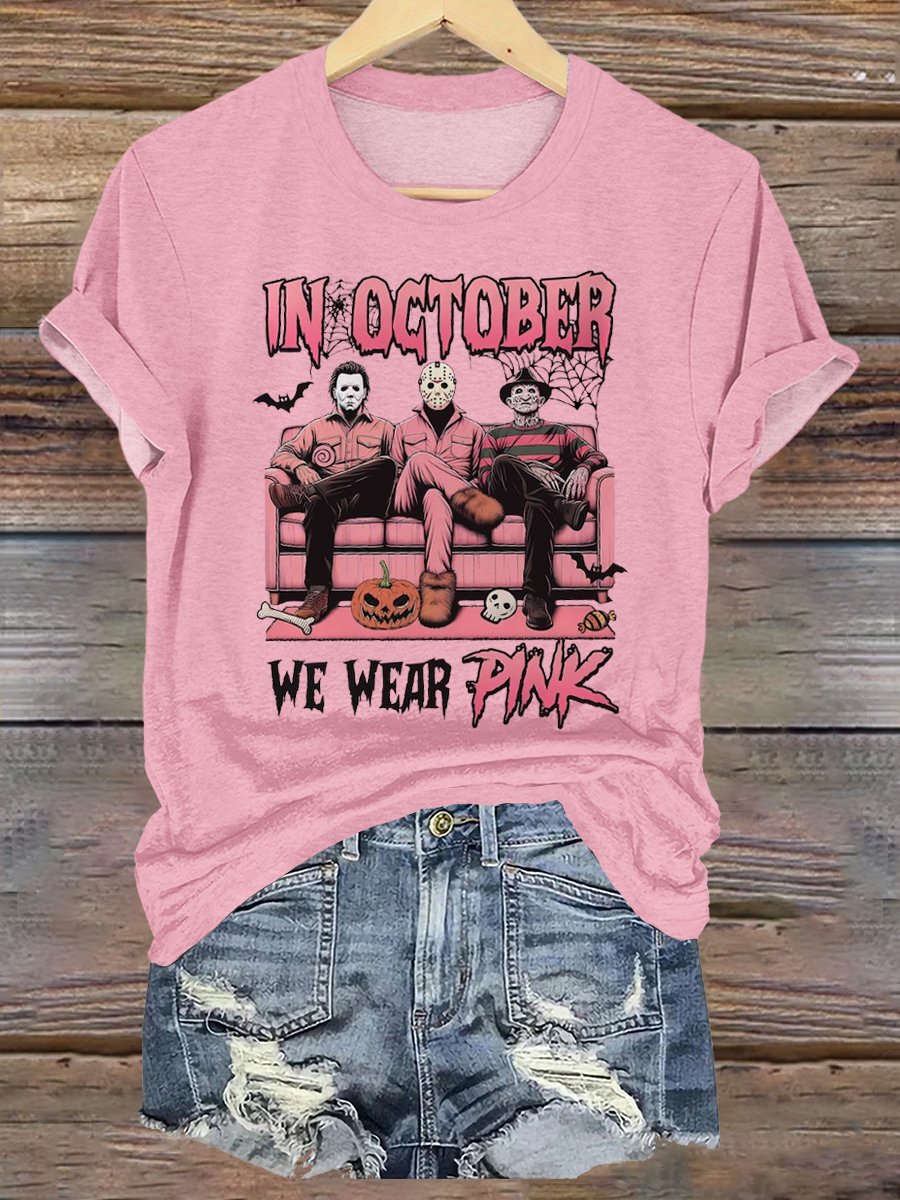 In October We Wear Pink Movies Halloween Art Print V-neck T-shirt