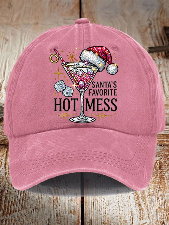 Unisex Distressed Washed Cotton Christmas Santa's Favorite Hot Mess Hat