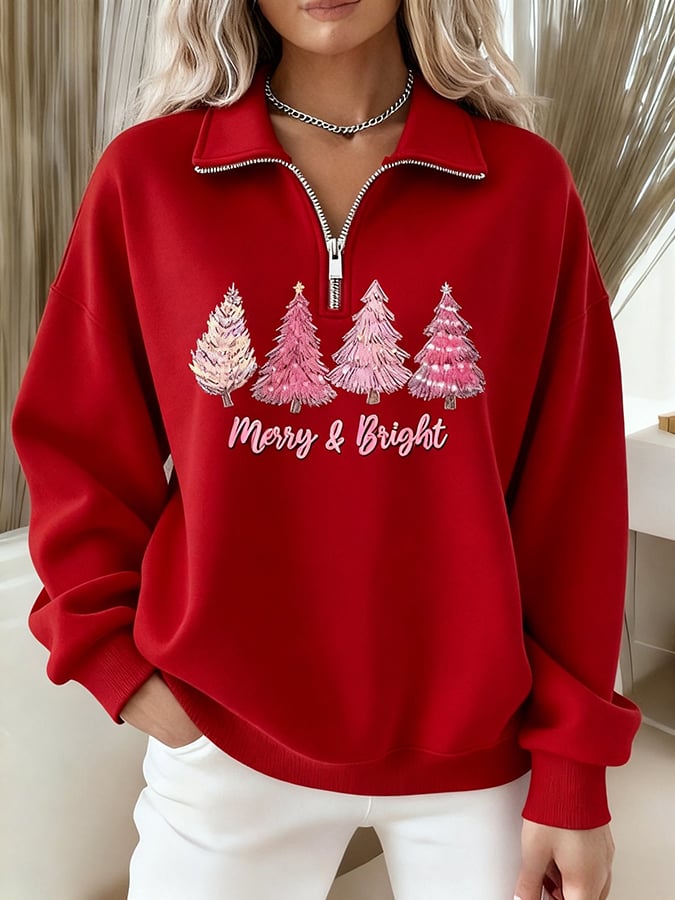 Women'S “Merry & Bright” Print Casual Long Sleeve Zip Sweatshirt