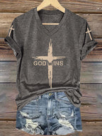 Women's God Wins Print V Neck T-shirt