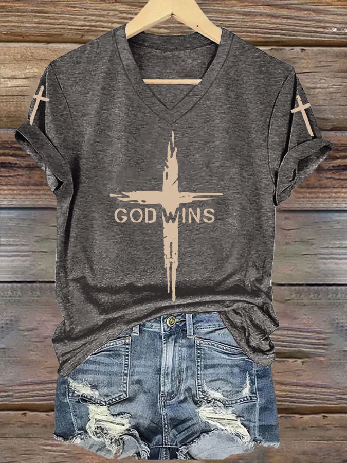 Women's God Wins Print V Neck T-shirt