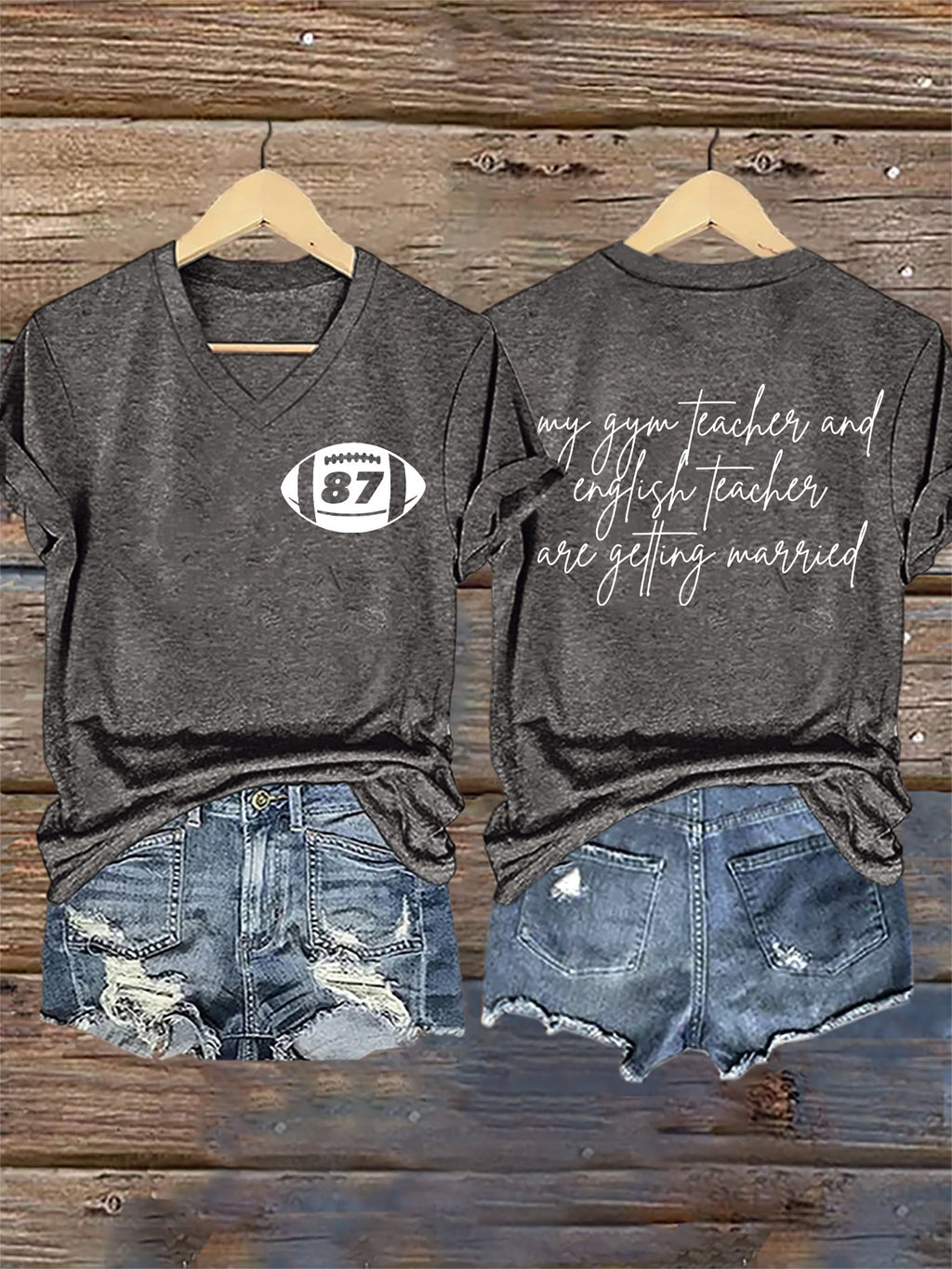V-Neck Retro 87 Football My English Teacher And Gym Teacher Are Getting Married Print T-Shirt