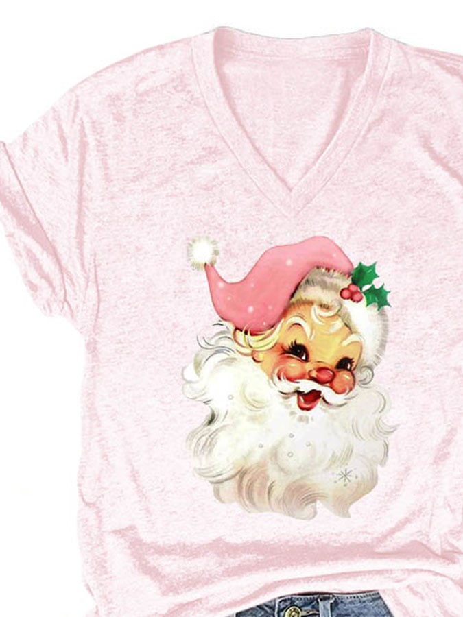 Christmas Retro Pink Santa Print T-Shirt