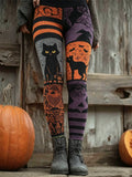 Women's Retro Pumpkin And Black Cat Print Leggings